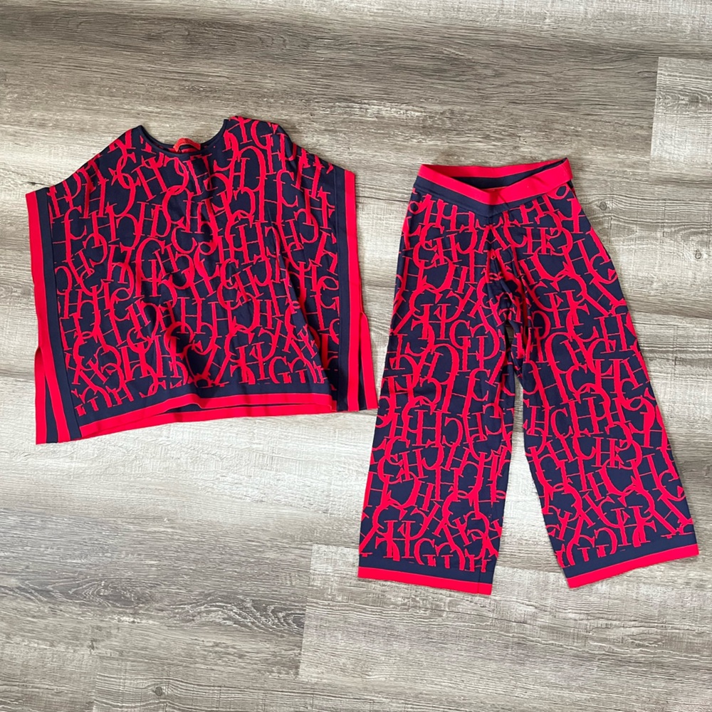 Carolina Herrera blue and red two piece CH logo outfit